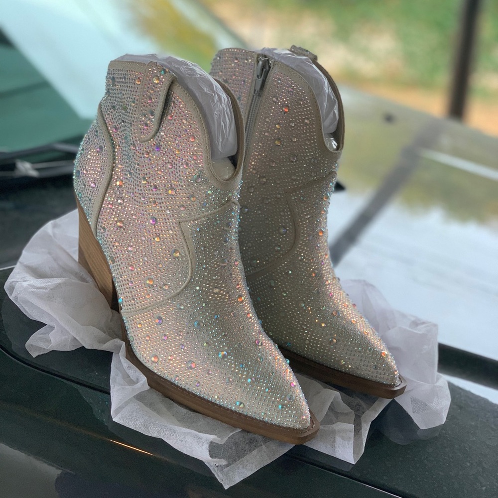 White Bedazzled Western Ankle Booties